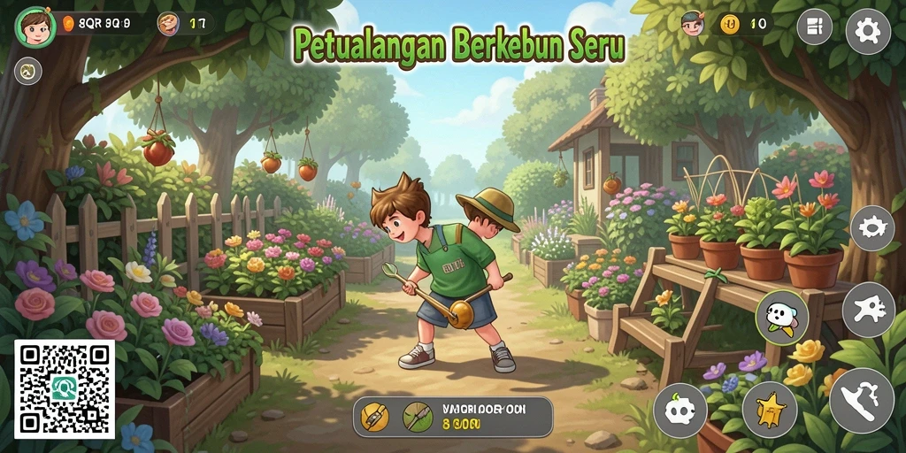 Screenshot utama dari gameplay 8QR yang menunjukkan aktivitas berkebun.