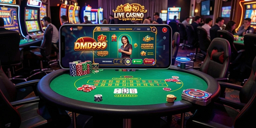 Tampilan gameplay DMD999 menunjukkan dealer profesional dan suasana kasino yang menarik.