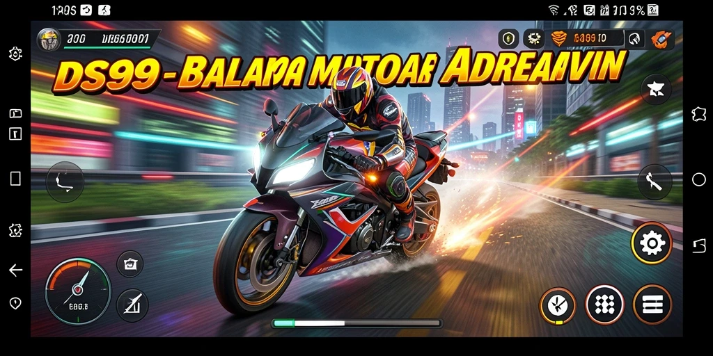 Screenshot gameplay DS99 menampilkan aksi balapan motor yang mendebarkan.