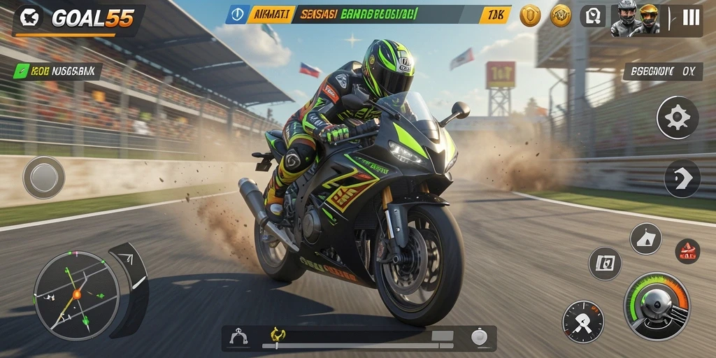 Screenshot dari gameplay seru balapan motor GOAL55.