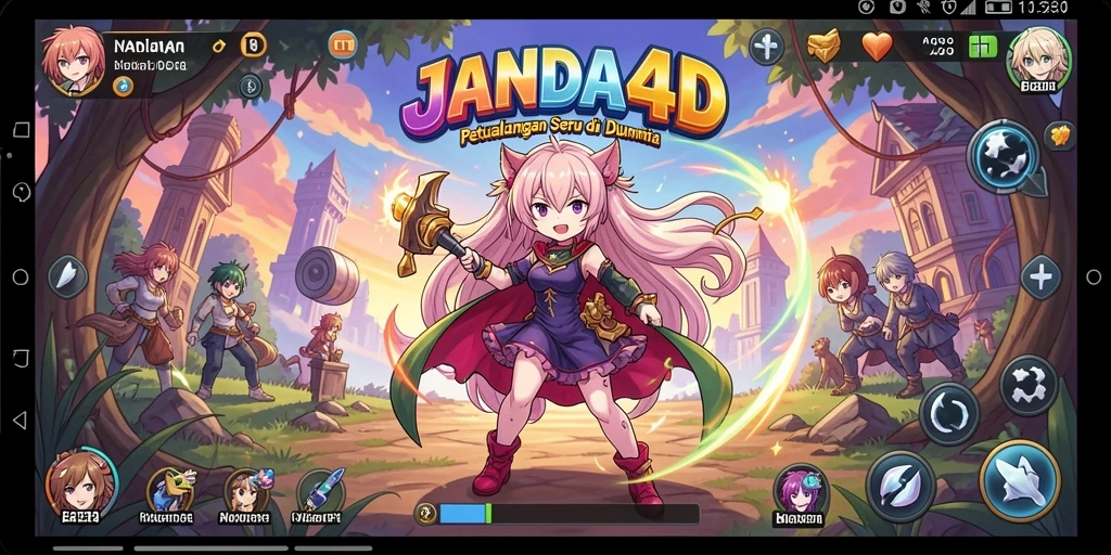 Screenshot gameplay JANDA4D yang penuh aksi dan karakter anime.