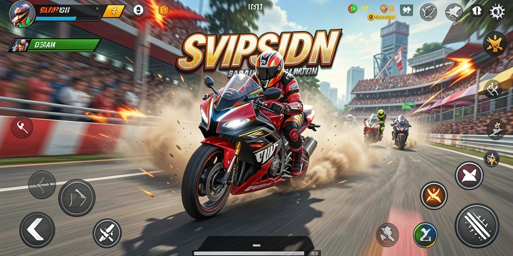 Tangkapan layar gameplay SVIPSIDN menampilkan aksi balapan motor yang dinamis.