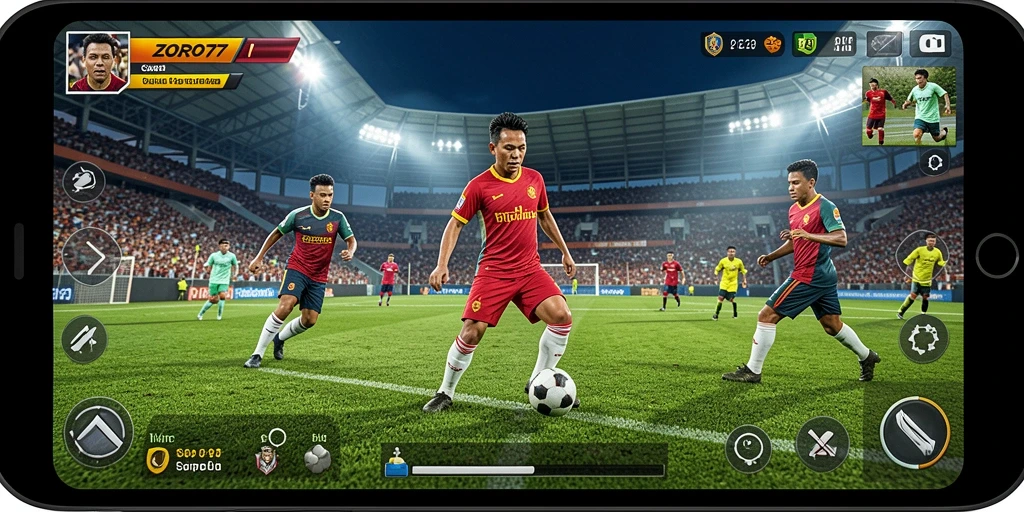Tampilan gameplay ZORO77 dengan aksi sepak bola yang mendebarkan.